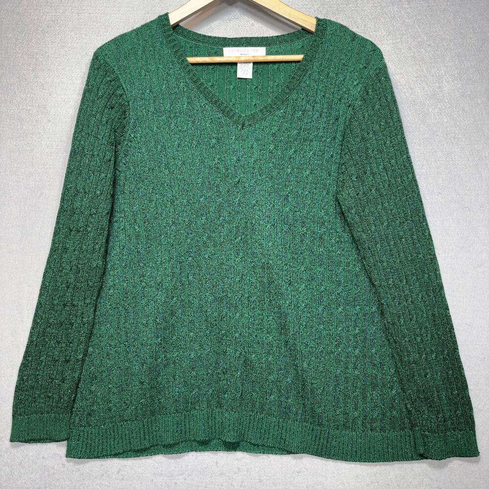 Pursuits Ltd Silk Blend Sweater 1X Green Metalic Knit Cozy Cottage Soft Classic‎